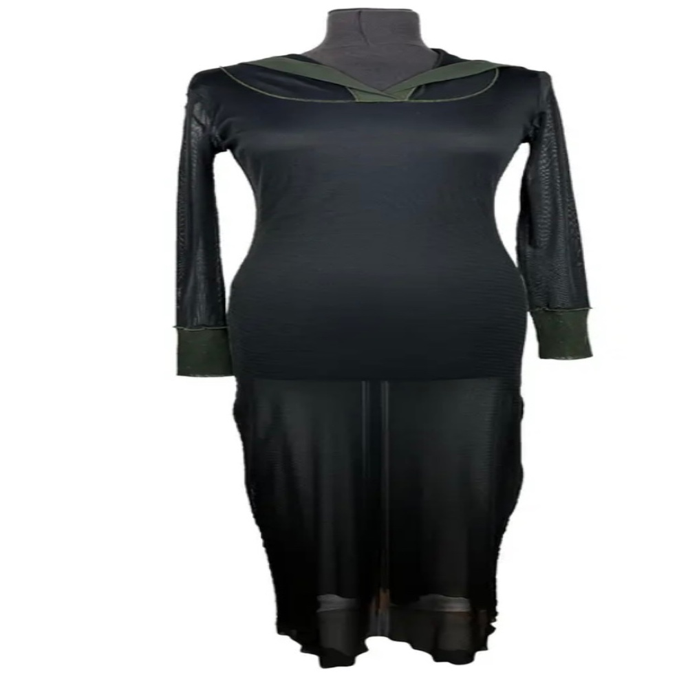 Vtg Y2K Cop Copine Mesh Maxi Dress Hooded Transparent Body-con Black Long Sleeve